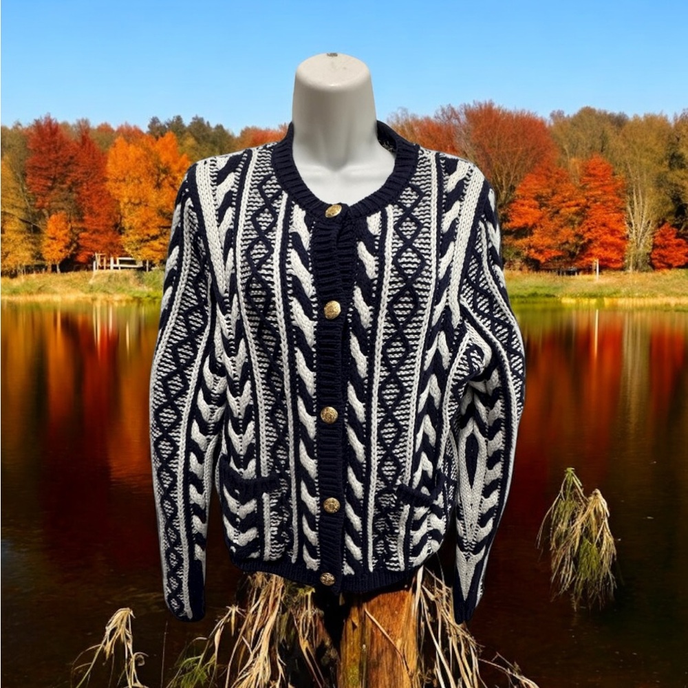 Martha Stewart Navy and White Knit Cardigan size large